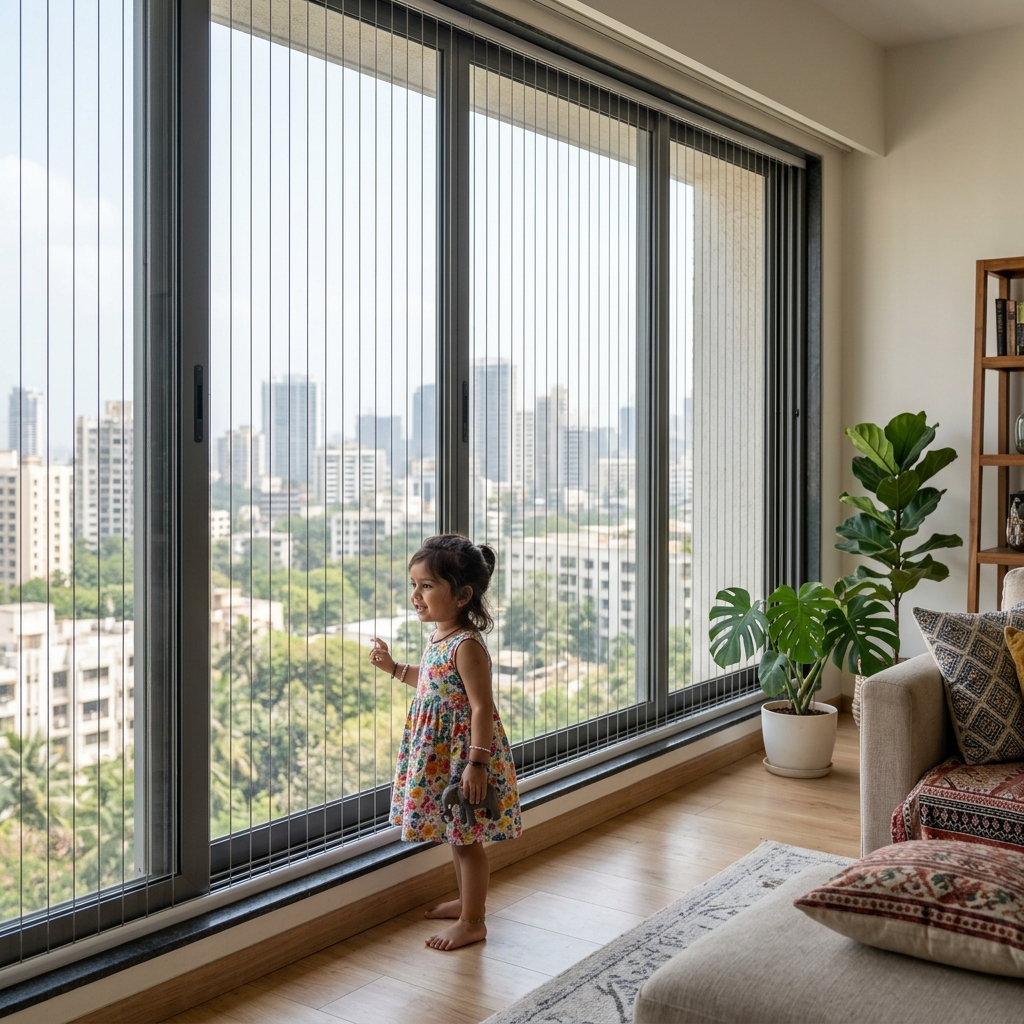 A bright Mumbai balcony secured with invisible grills